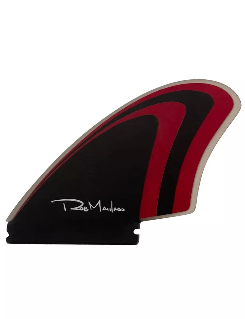 Black and red surfboard fin on a white background