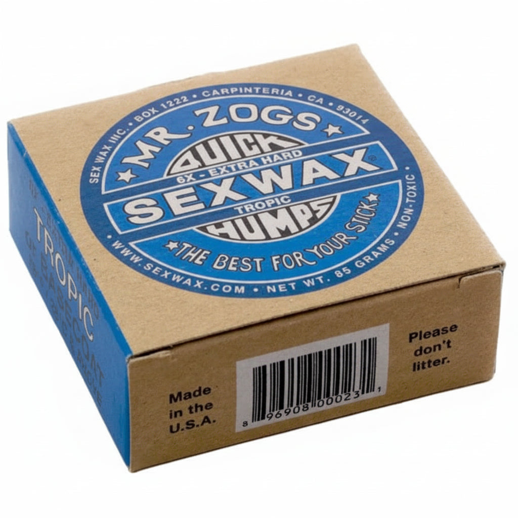 Box of Mr. Zogs Sex Wax with blue and white design on a cardboard background
