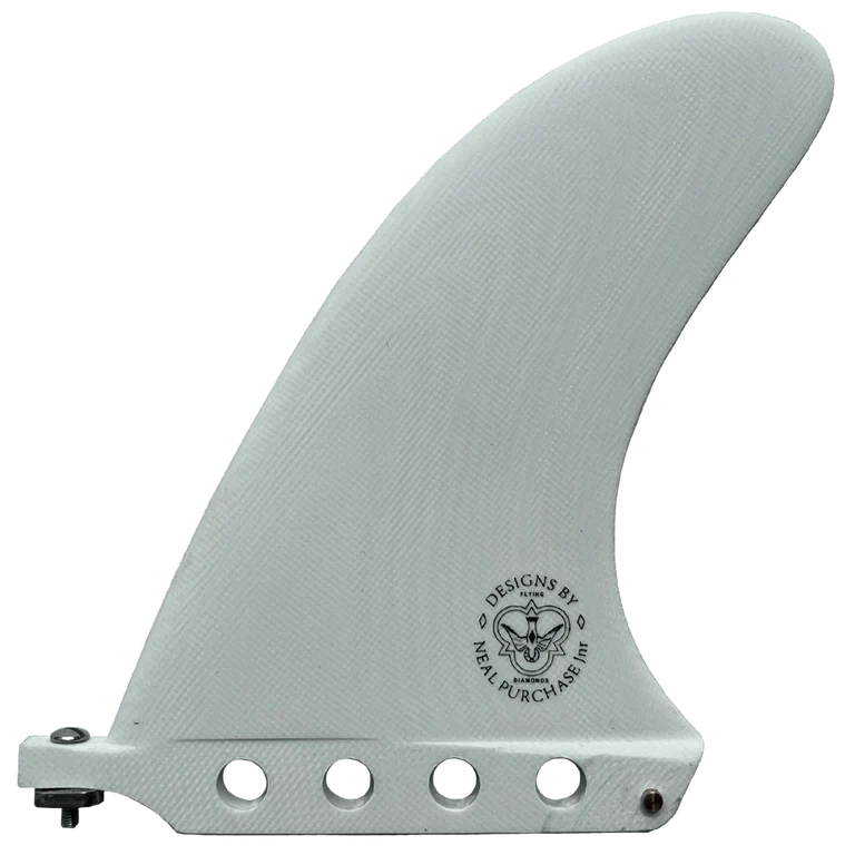 Grey surfboard fin with brand logo on a white background