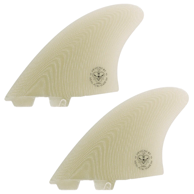 Two beige surfboard fins with a logo on a white background