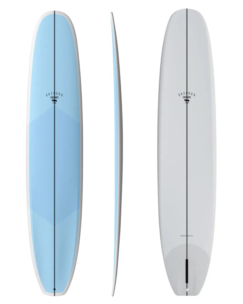 Three views of a surfboard with a light blue top and light grey bottom on a white background.