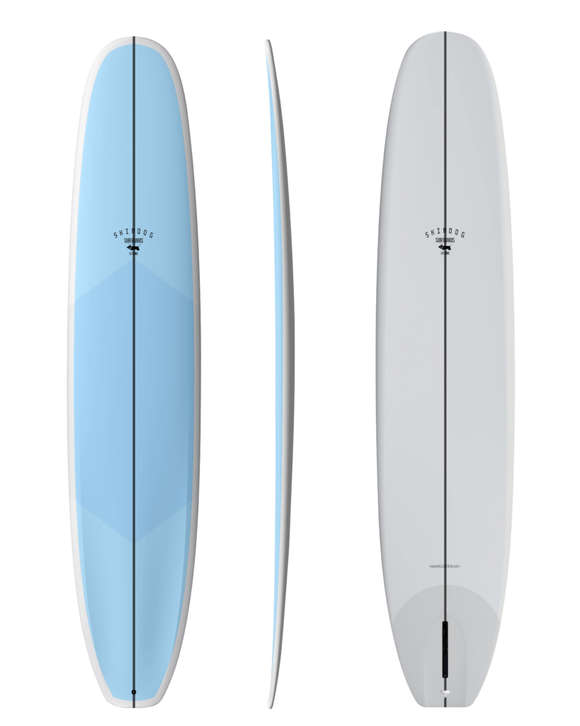 Three views of a surfboard with a light blue top and light grey bottom on a white background.