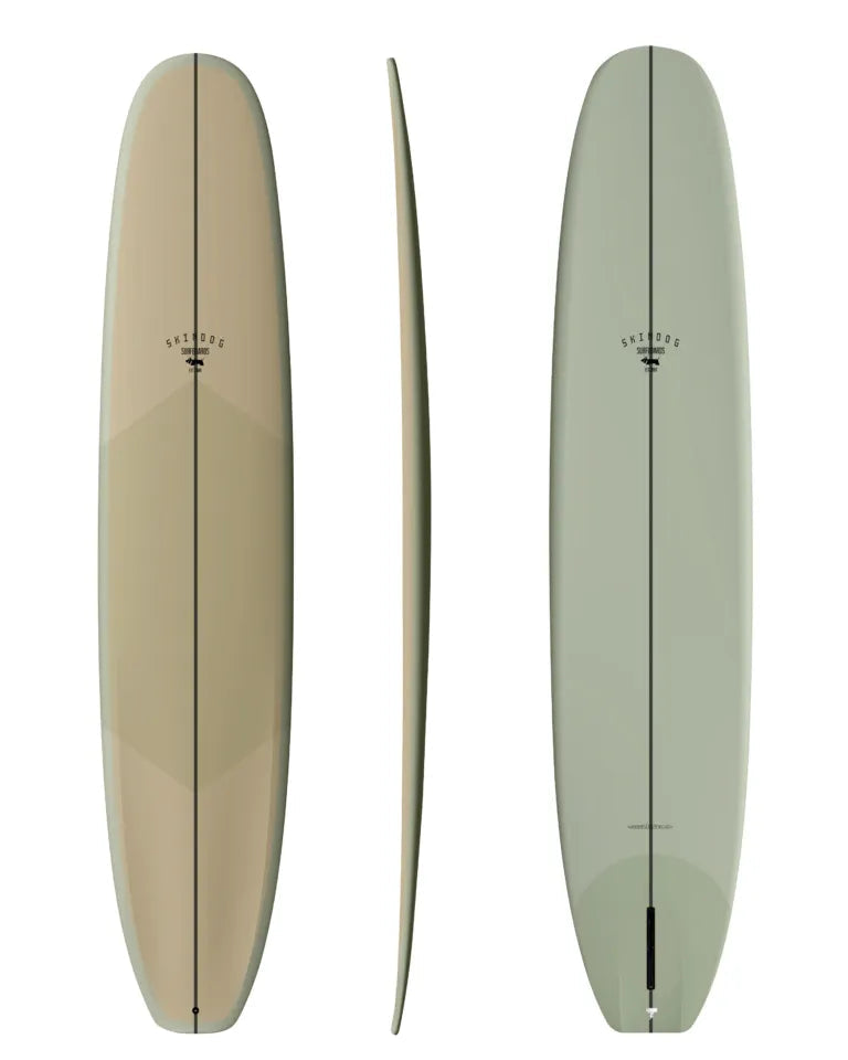 Three views of a beige surfboard on a white background