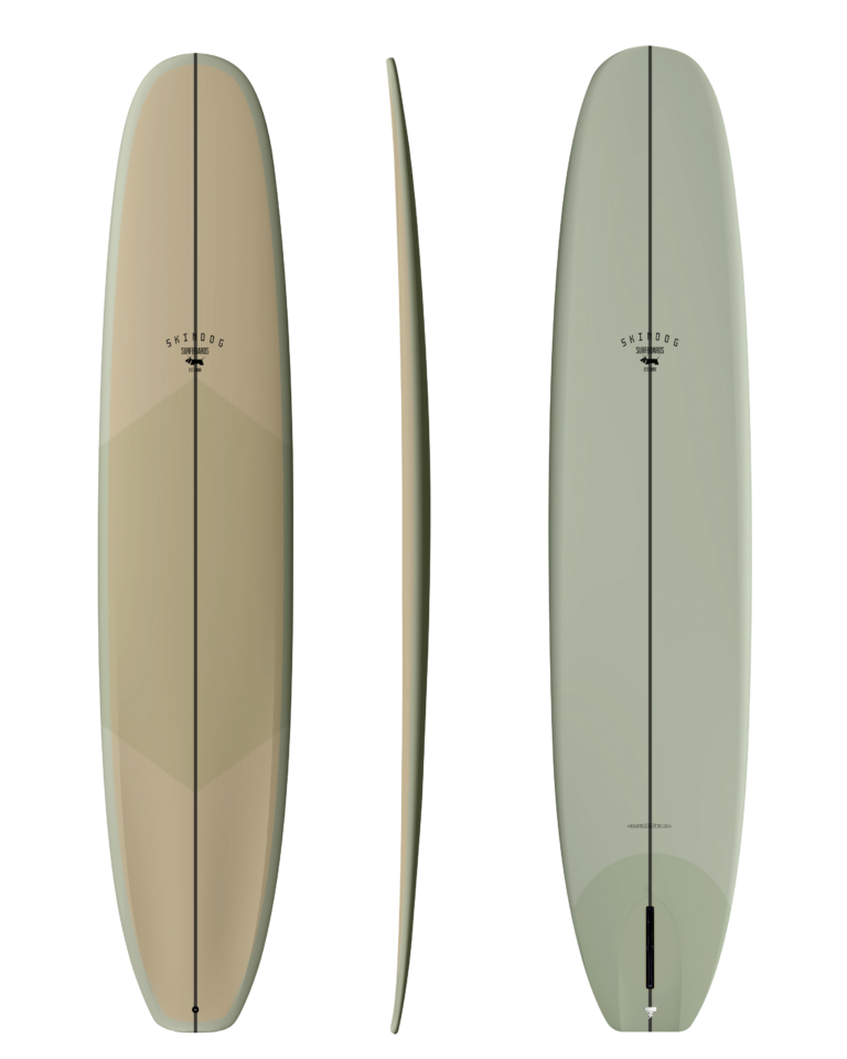 Three views of a beige surfboard on a white background