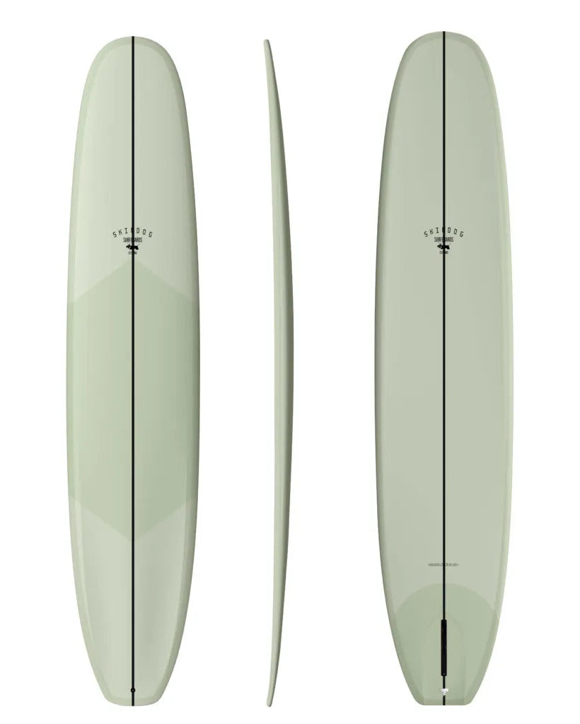 Three views of a light green surfboard with black branding on a white background