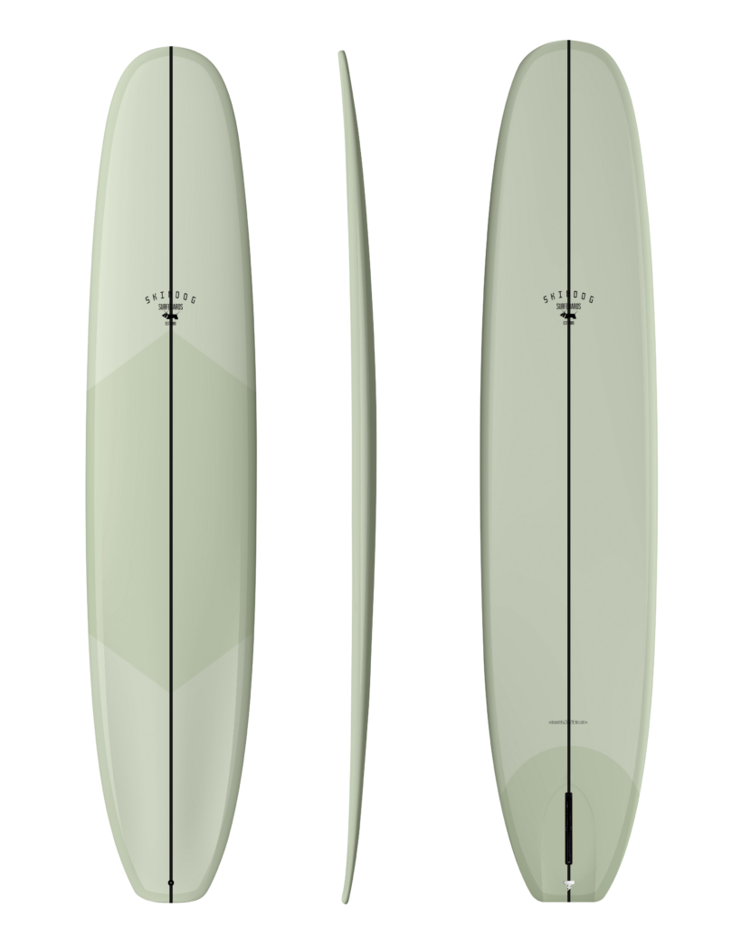Three views of a light green surfboard with black branding on a white background