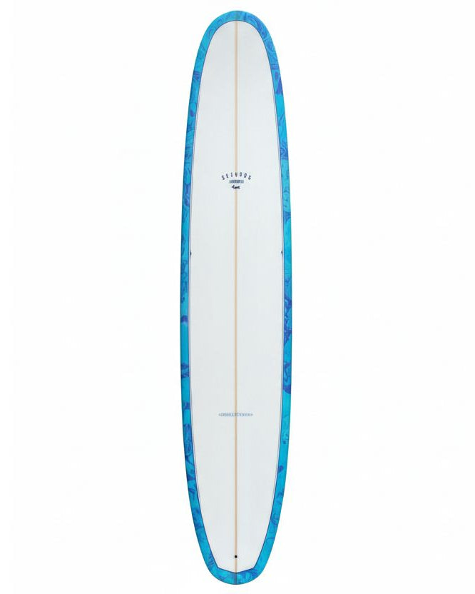 Longboard surfboard with blue edge on a white background