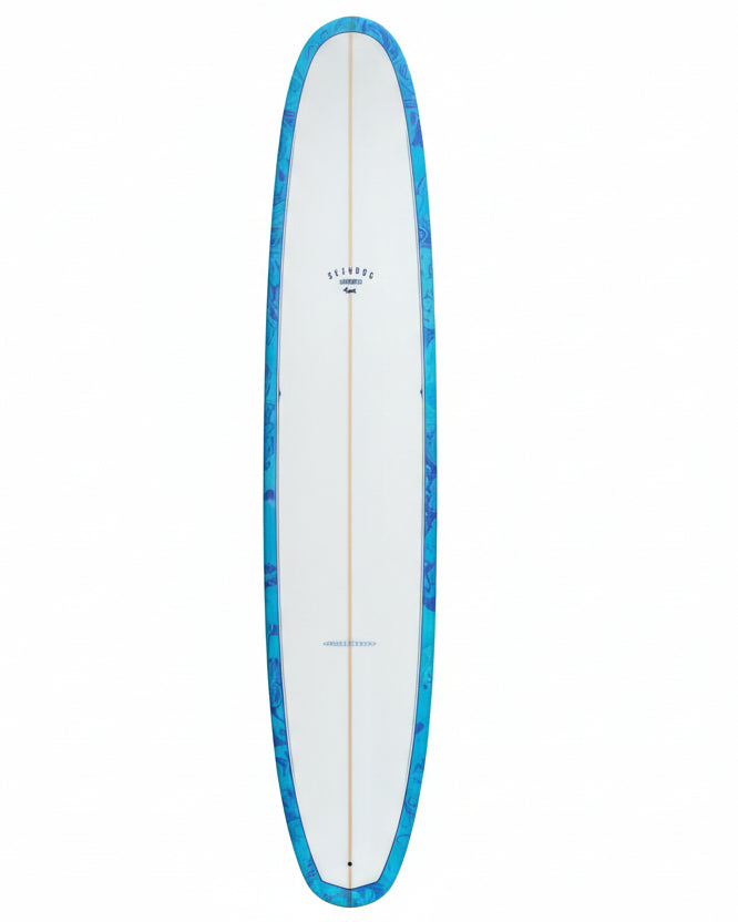 Longboard surfboard with blue edge on a white background