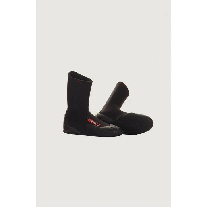 Pair of black neoprene surfing boots on a light grey background