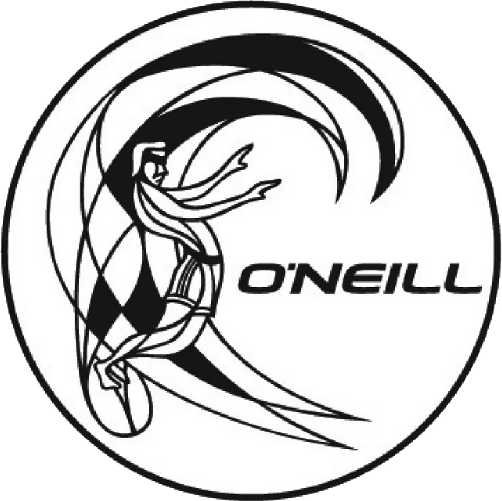 O'Neill logo with a stylized surfer in a circle on a white background