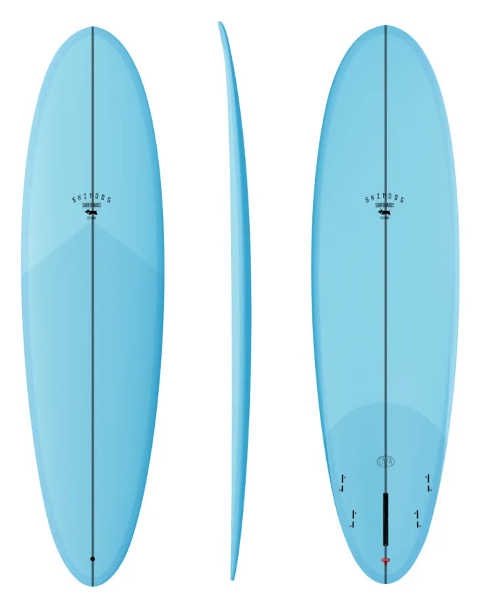 Light blue surfboard from different angles on a white background