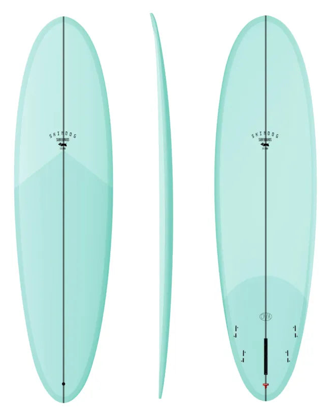 Light blue surfboard from different angles on a white background