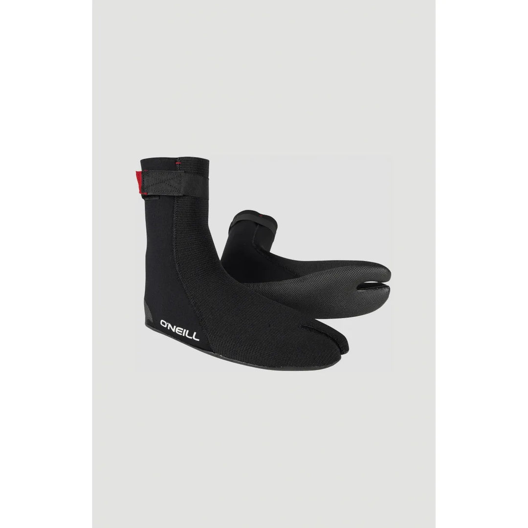Black wetsuit boots with O'Neill branding on a light grey background