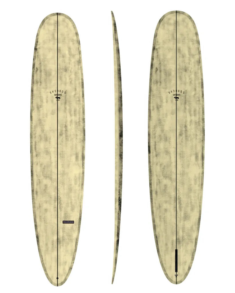 Three profile views of a longboad surfboard with a grey base and brushed carbon textured design on a white background