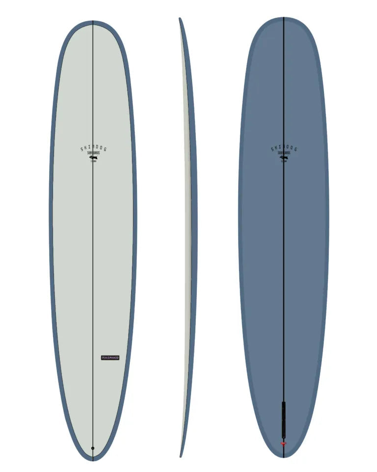 Three profile views of a blue and white longboard with Skindog Surfboards logo