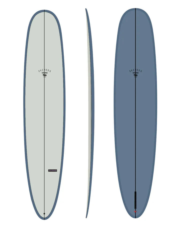 Three profile views of a blue and white longboard with Skindog Surfboards logo