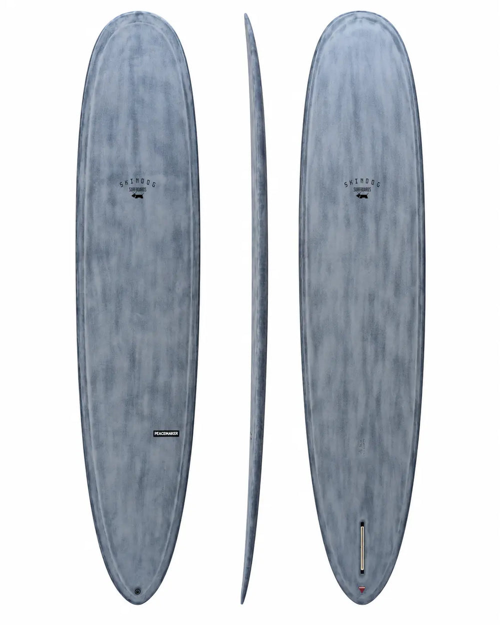Skindog Peacemaker 9'6 dark grey longboard, showing deck, side profile and underside.