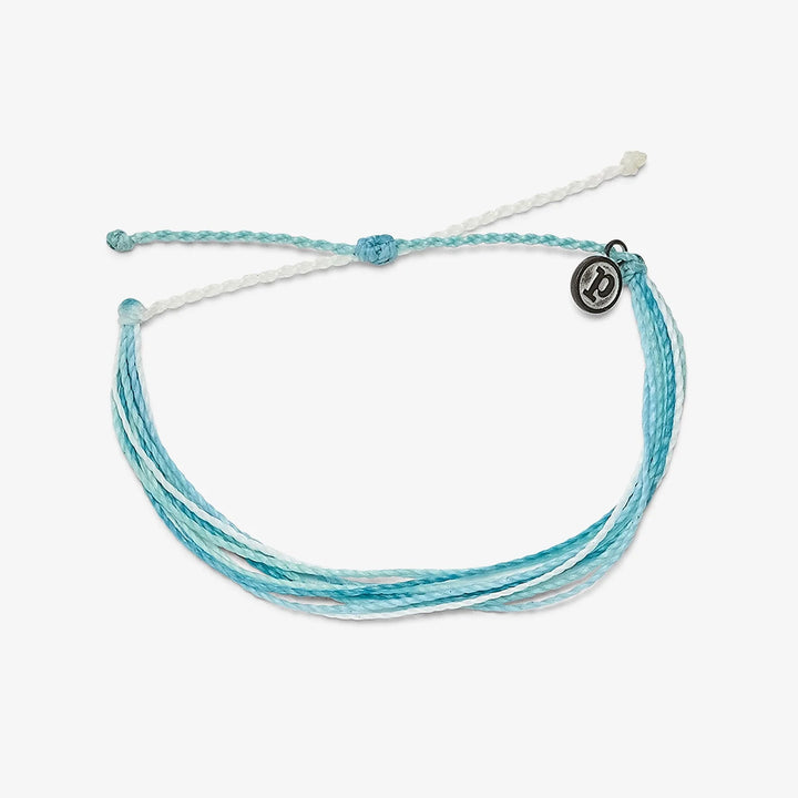 Blue and white cord bracelet with a branded metal &