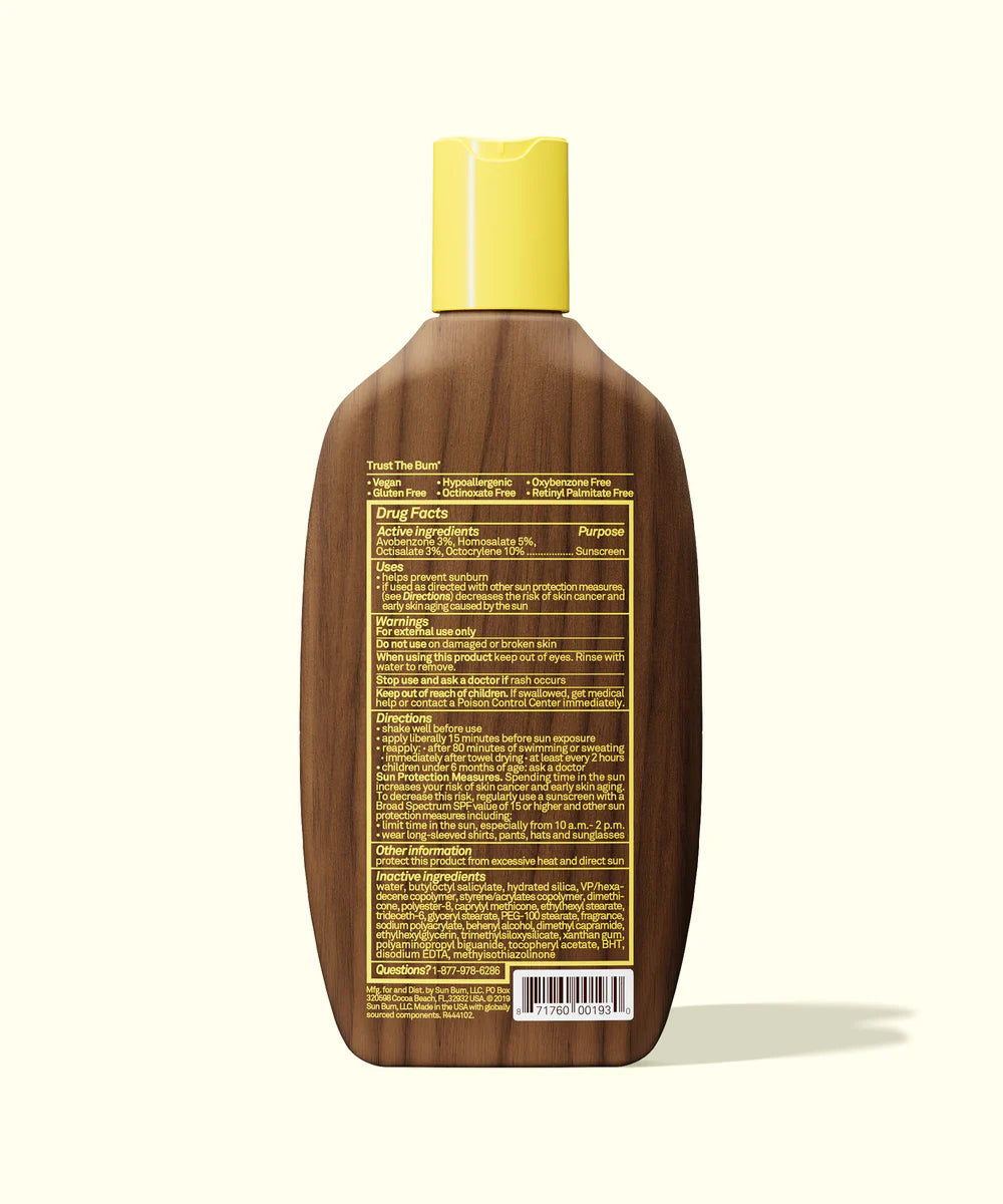 Sun Bum Sun Lotion bottle rear with list of ingredients and a barcode.