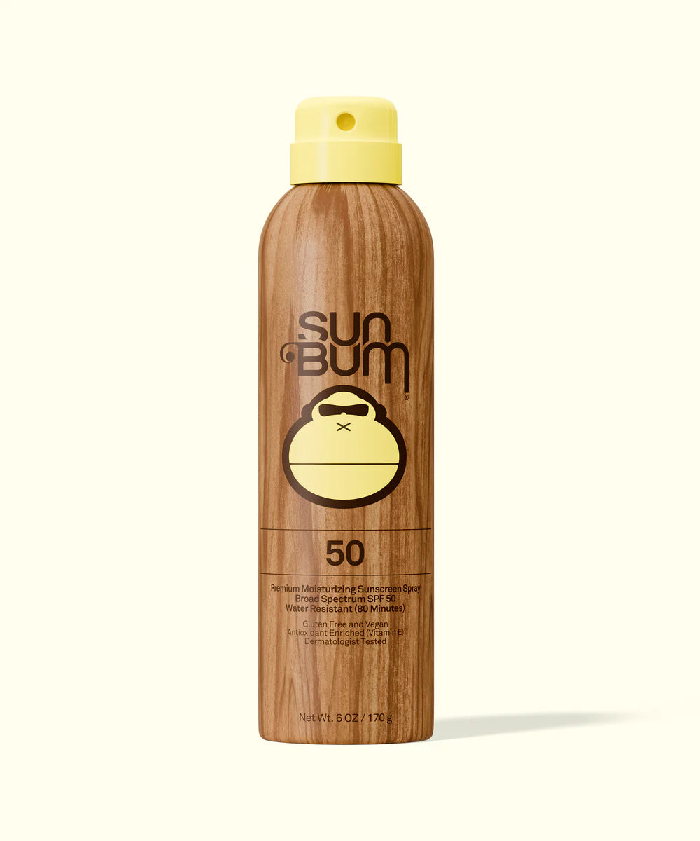 Wooden sunscreen bottle with yellow cap and 'Sun Bum' branding on a white background