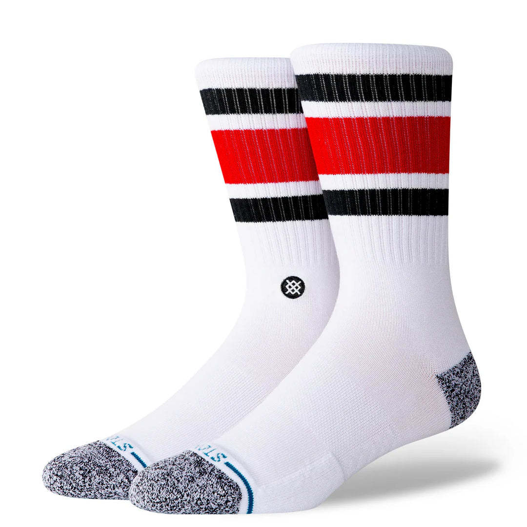 White socks with red and black stripes on a white background