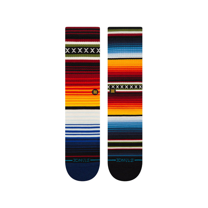 Pair of colorful striped socks on a white background
