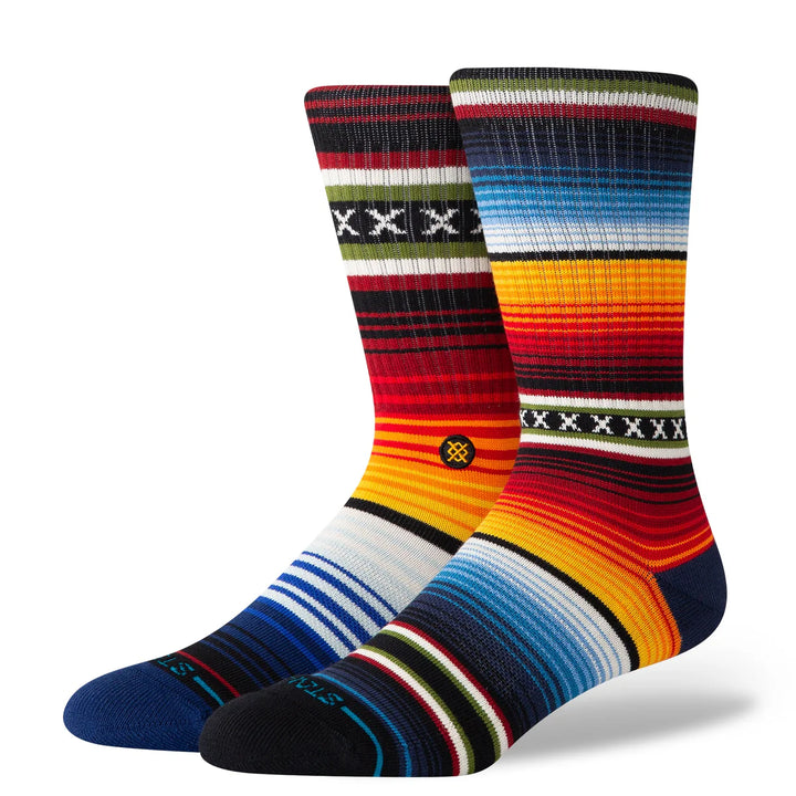 Colorful striped socks with a brand logo on a white background