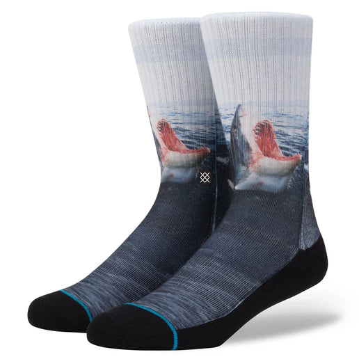 Pair of socks with shark design on a white background