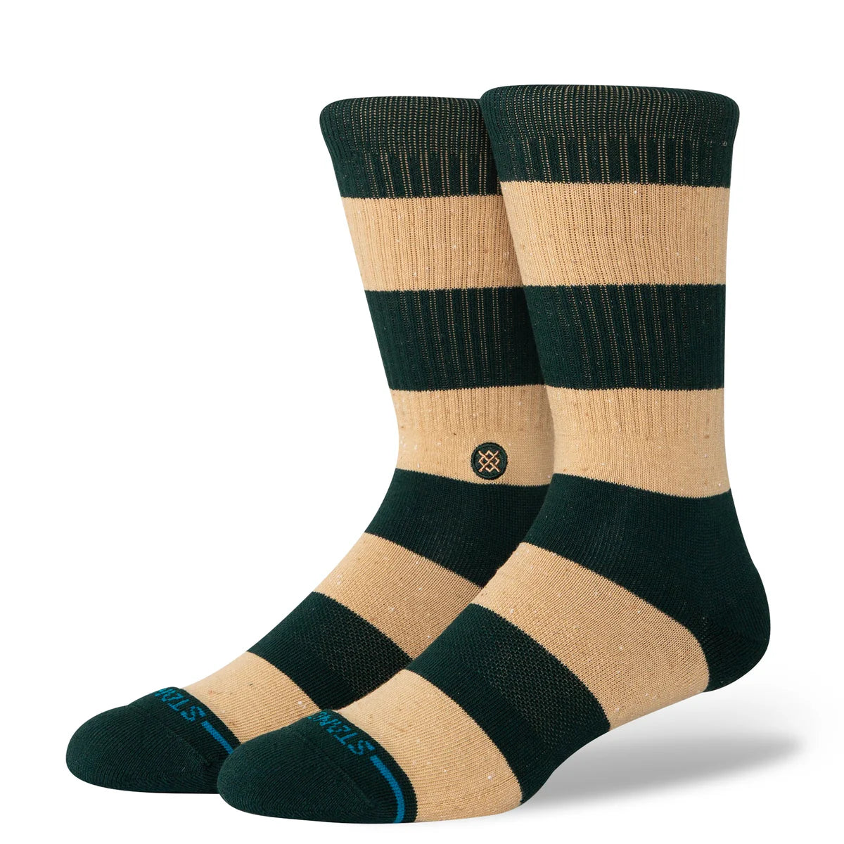 Pair of striped socks with green and beige pattern on a white background