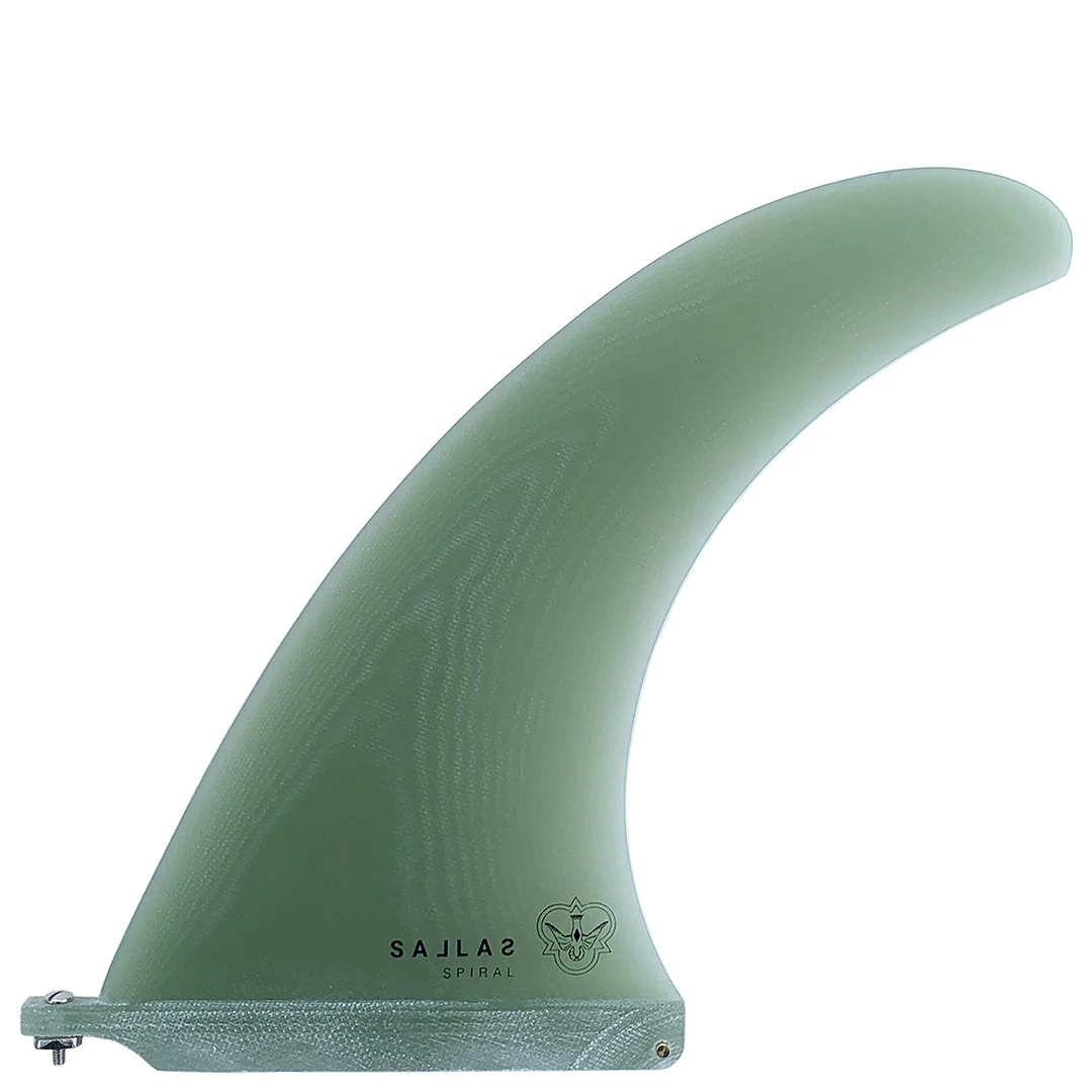 Green surf fin with branding on a white background