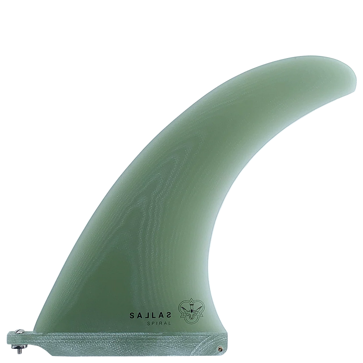 Green surf fin with branding on a white background