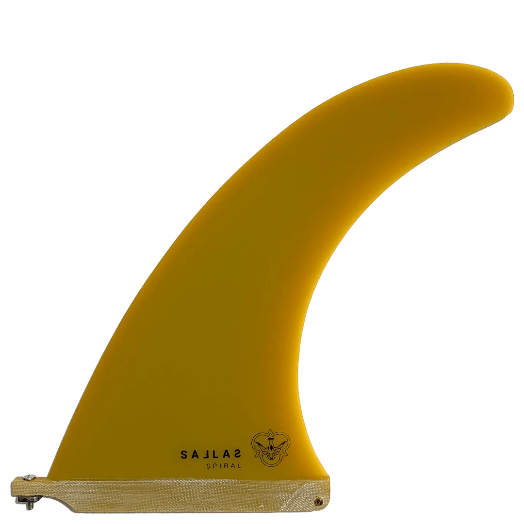 Yellow Flying Diamonds surf fin with branding on a white background