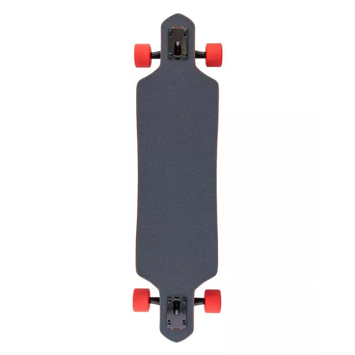 Black longboard with red wheels on a white background