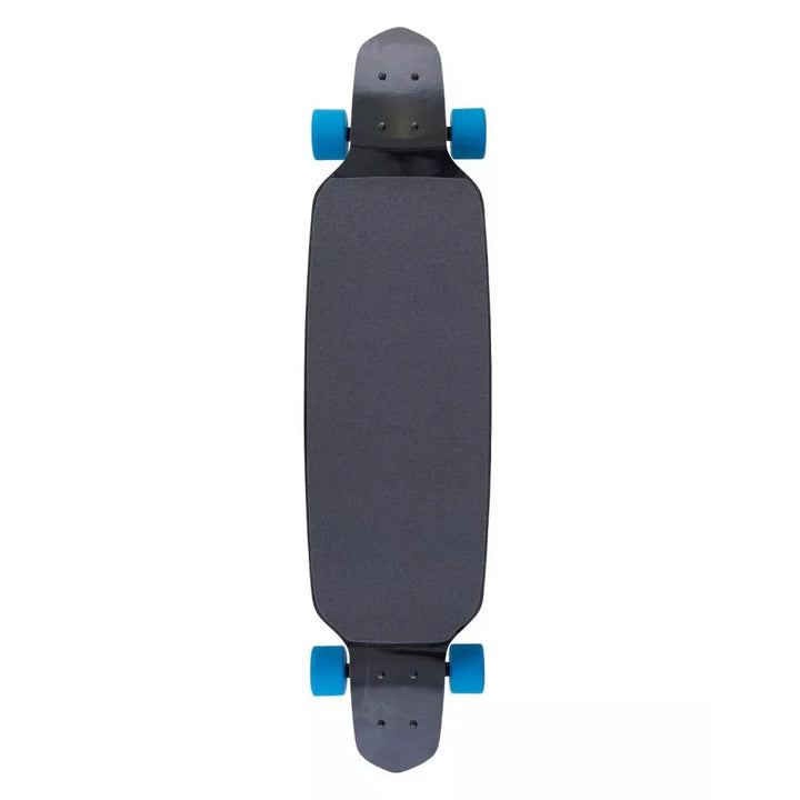 Gray skateboard with blue wheels on a white background