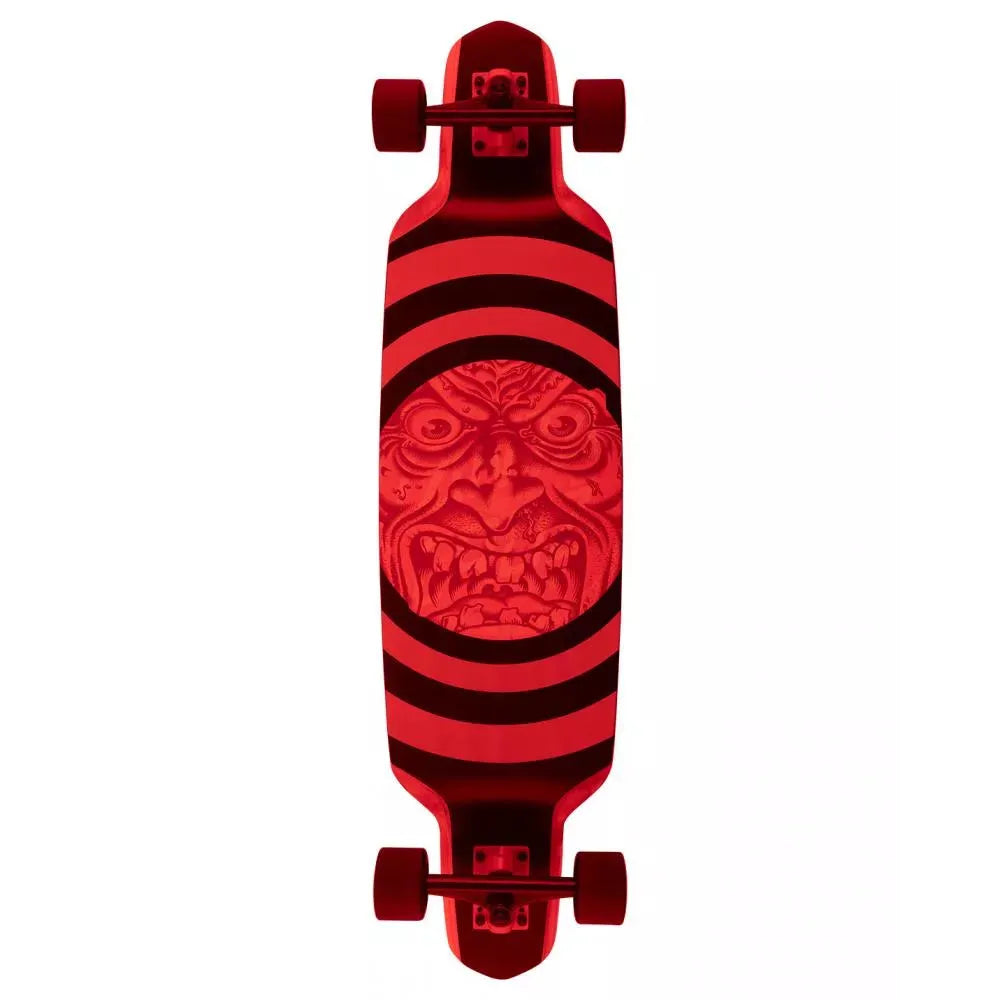 Red and black striped skateboard with a tribal design on a white background