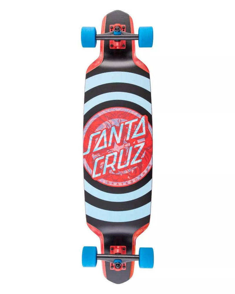 Santa Cruz skateboard with black, red, and blue design on a white background