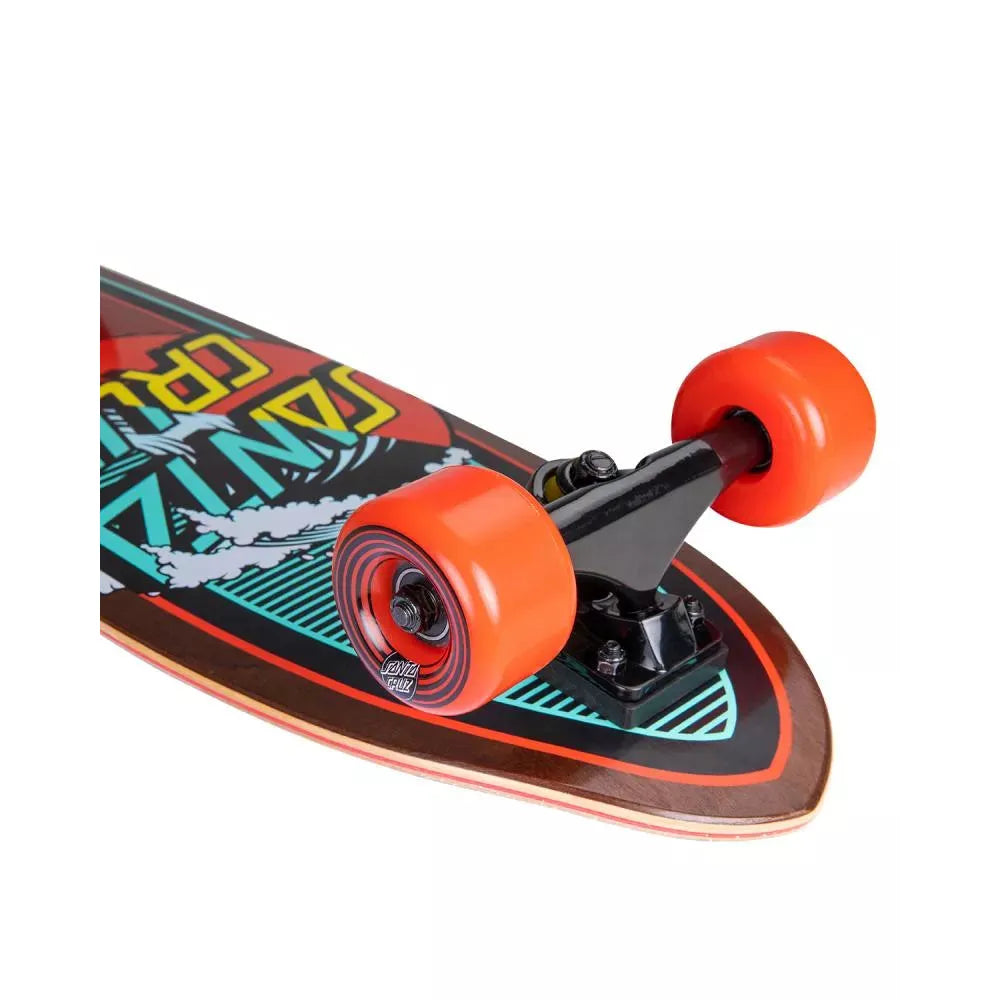 Skateboard with colorful graphics and orange wheels on a white background