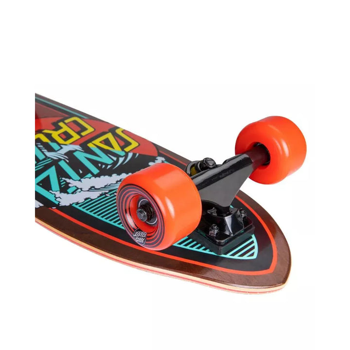 Skateboard with colorful graphics and orange wheels on a white background