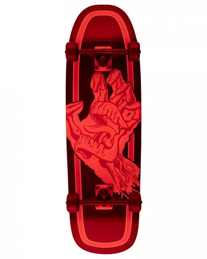 Red skateboard deck with a hand design on a white background