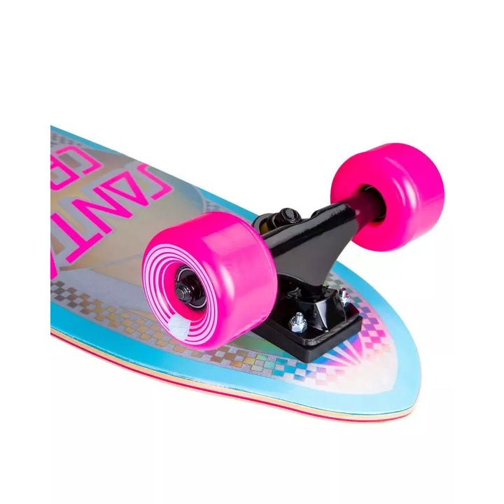 Close-up of a skateboard with pink wheels on a white background