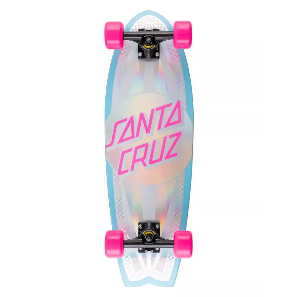 Santa Cruz skateboard with pink text and wheels on a white background