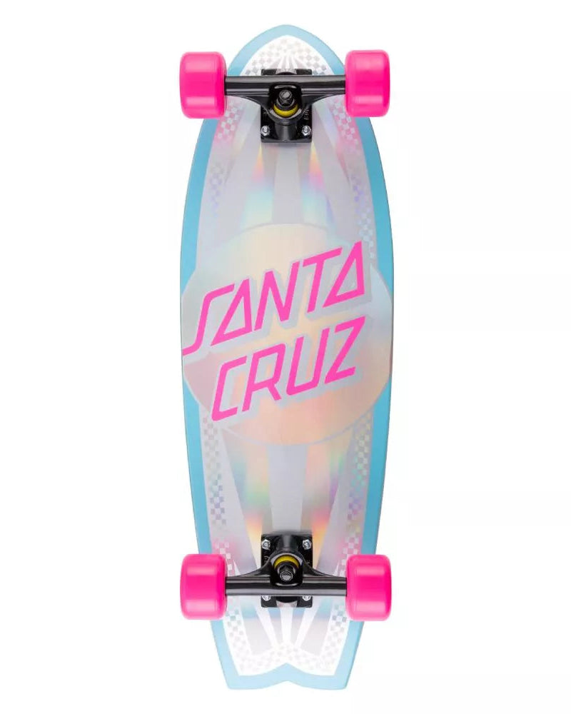 Santa Cruz skateboard with pink text and wheels on a white background