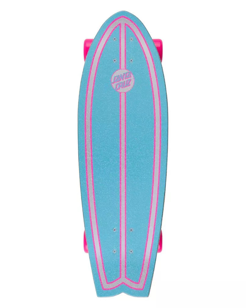Blue and pink surfboard with a logo on a white background