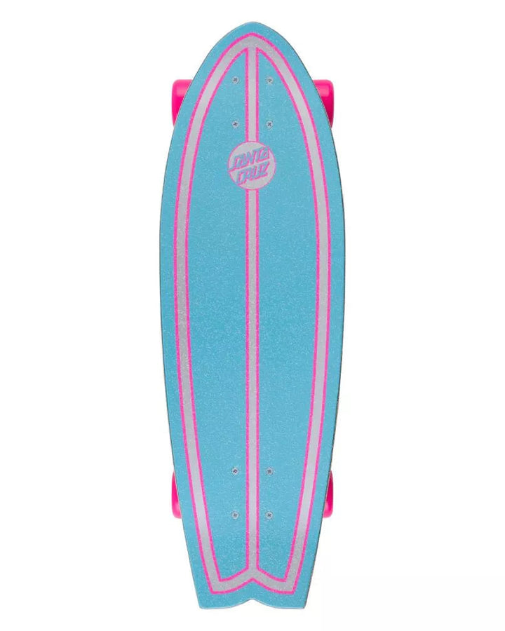 Blue and pink surfboard with a logo on a white background
