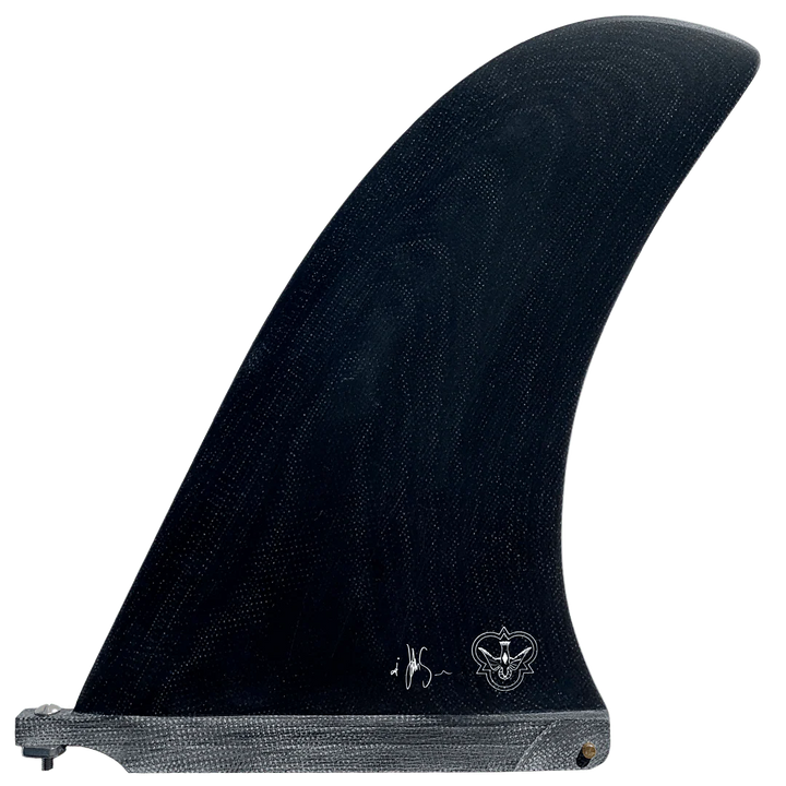 Black surfboard fin with branding on a white background