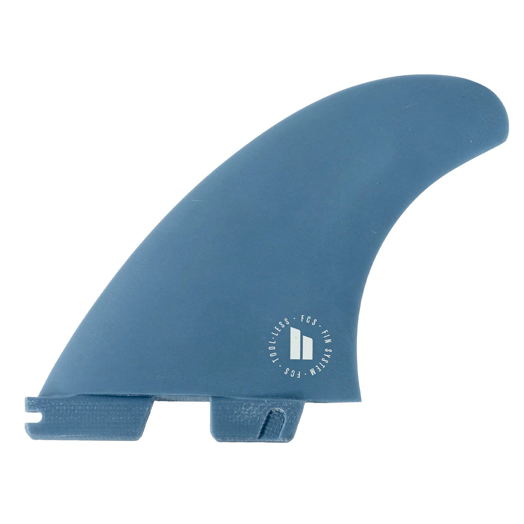 Blue surf fin with a logo on a white background