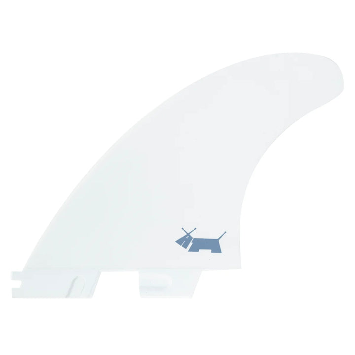 White surfboard fin with a blue dog logo on a white background