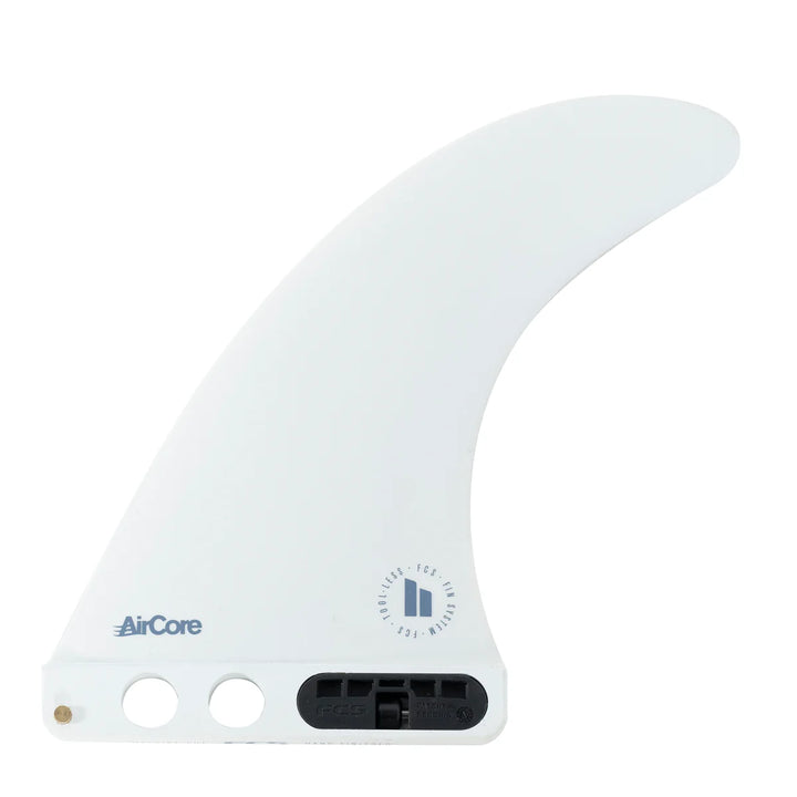 White surfboard fin with AirCore branding on a white background
