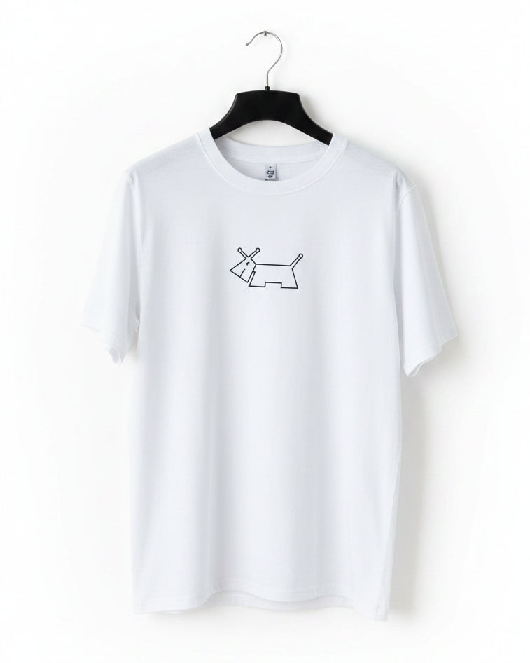 A white short-sleeve crewneck t-shirt hanging on a black hanger against a white wall. The shirt features a small minimalist black line drawing of a dog on the center chest.
