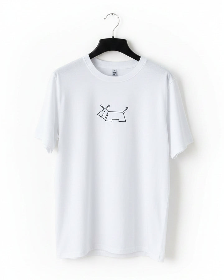 A white short-sleeve crewneck t-shirt hanging on a black hanger against a white wall. The shirt features a small minimalist black line drawing of a dog on the center chest.
